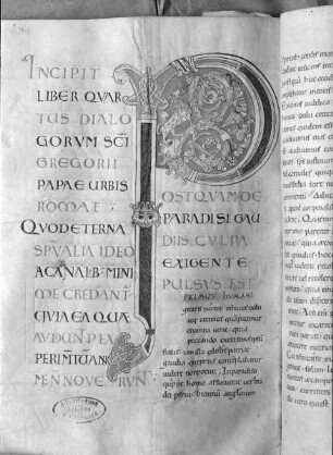 S. Gregorii Magni Dialogorum libri IV / Dialogi Scti. Gregorii de miraculis urbis Romae patrum Italiae — Initial P, Folio fol. 77