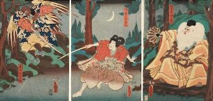 Tengu-Abtkönig Sōjōbō erteilt Ushiwakamaru Fechtunterricht
