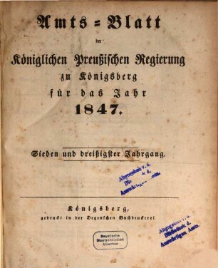 Amtsblatt der Preussischen Regierung zu Königsberg. 37. 1847