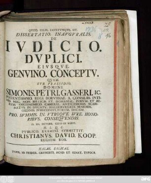 Dissertatio. Inavgvralis. De Ivdicio. Dvplici. Eivsqve. Genvino. Conceptv