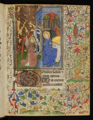Vollbordürenseite mit Miniatur (Verkündigung), Initiale D und Blattrankenbordüre