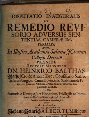 Disputatio inauguralis de remedio revisorio adversus sententias Camerae imperialis