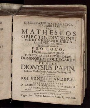 Dissertatio Mathematica Inauguralis De Matheseos Objecto, Divisione, Modo Versandi Circa Objectum, Ac Fine