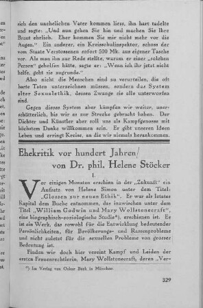 Ehekritik vor hundert Jahren/ von Dr. phil. Helene Stöcker