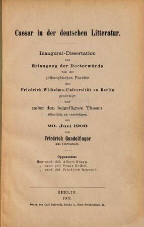 Caesar in der deutschen Litteratur : Inaugural-Dissertation