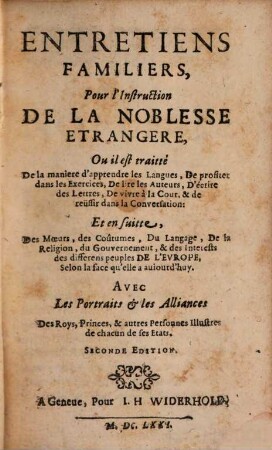 Entretiens familiers pour l'instruction de la noblesse étrangere