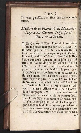 L'Esprit de la France & ses Maximes à l'égard des Cantons Suisses ses alliez, & la Savoie.
