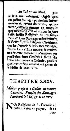 Moiens propres à établir de bonnes Colonies. Pensées des Sauvages touchant le Ciel, ] la Terre