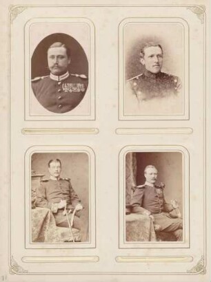 links oben: Kopp (?), 1. Badisches Leib-Grenadier-Regiment 109 rechts oben: Unbekannt (Uniformierter) links unten: Unbekannt (Uniformierter), [Karlsruhe] rechts unten: Unbekannt (Uniformierter), [Karlsruhe]