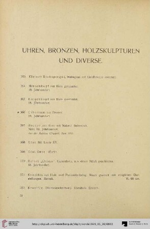 Uhren, Bronzen, Holzskulpturen und Diverse (Nr. 363-431)