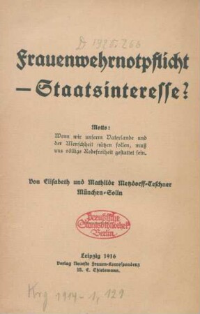 Frauenwehrnotpflicht - Staatsinteresse?