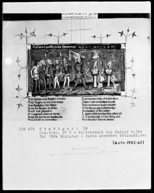 Weltchronik des Rudolf von Ems — David zerstört die Götzenbilder der Philister, Folio 150verso
