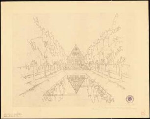 Garten Bergmann, Schneverdingen: Perspektivische Ansicht mit Blick über das Wasserbecken zum Haus, Anmerkung, Stempel