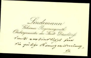 5-10-12-5.0000: Lindemann, Ernst, Oberbürgermeister; diverse Schreiben ff.: Visitenkarte mit handschriftlichem Text.