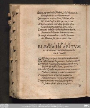 Eiusdem Elegia In Abitum ex Academia Francofordiana Joachimi A Wedell.