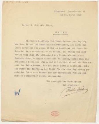 Brief an B. Schott's Söhne : 14.04.1922