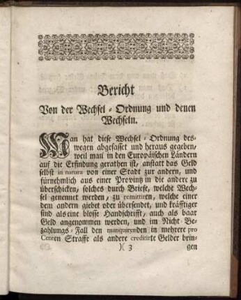 Bericht Von der Wechsel- Ordnung und denen Wechseln.