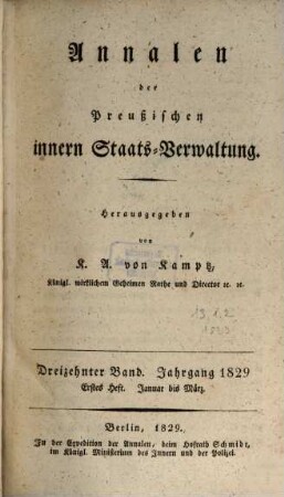 Annalen der preußischen innern Staats-Verwaltung. 13, 1/2. 1829