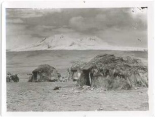 Strohhäuser der Aymara-Indianer im Dorf Sajama mit dem Quisiquisini im Hintergrund