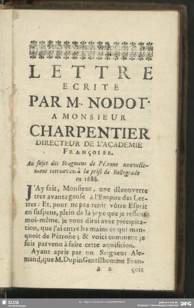 Lettre Ecrite Par M. Nodot A Monsieur Charpentier Directeur De L'Academie Francois