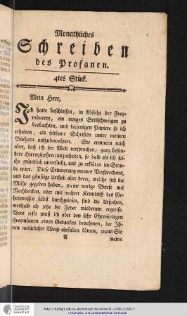 Monathliches Schreiben des Profanen. 4tes Stück.