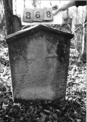 Grabstein 868 (Index: 99751222) Material: Sandstein Zustand: stark verwitt/abgeblätt/starker Textverl Maße HxBxT: 83x57x10 cm Beschreibung: Stele, giebelartiger Abschluß mit Verdachung, rechteckiges Schriftfeld eingetieft Symbolik: Kanne mit Schale: Grabstein 868