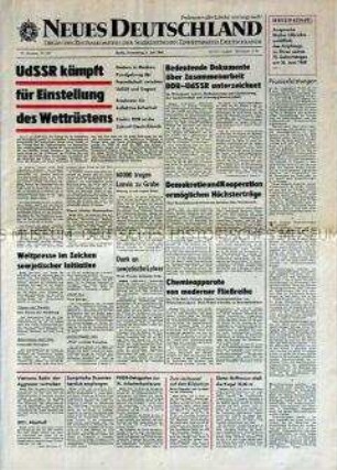 Tageszeitung "Neues Deutschland" u.a. mit dem Wortlaut der Rede von Walter Ulbricht auf dem Empfang anlässlich seines 75. Geburtstages