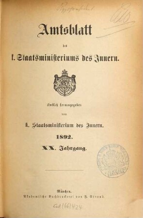 Amtsblatt des Königlichen Staatsministeriums des Innern. 20. 1892