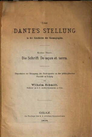 Ueber Dante's Stellung in der Geschichte der Kosmologie, 1