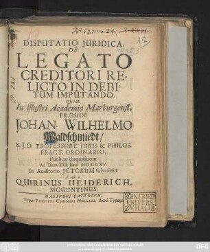 Disputatio Juridica, De Legato Creditori Relicto In Debitum Imputando