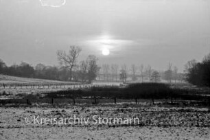 Travewiesen: hinten Zäune und Bäume: im Hintergrund Mitte untergehende Sonne: Winter