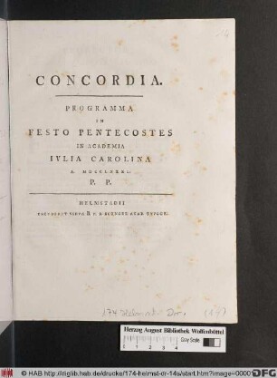 Concordia. Programma In Festo Pentecostes In Academia Ivlia Carolina A. MDCCLXXXI. P. P