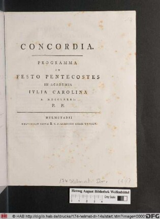 Concordia. Programma In Festo Pentecostes In Academia Ivlia Carolina A. MDCCLXXXI. P. P
