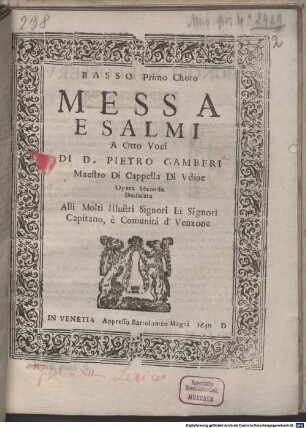 MESSA E SALMI A Otto Voci : ... Opera Seconda ...