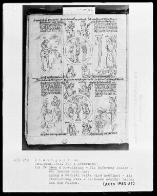 Armenbibel — Bildseite mit zwei Gruppen von typologischen Szenen, Folio 7verso