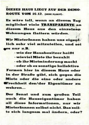Flugschrift: Aufruf, am 16.12.1980 Transparente aus Häusern zu hängen