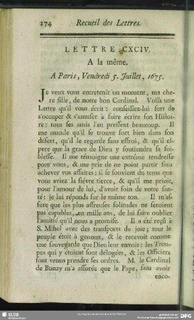 Lettre CXCIV. A la même. A Paris, Vendredi 5. Juillet, 1675