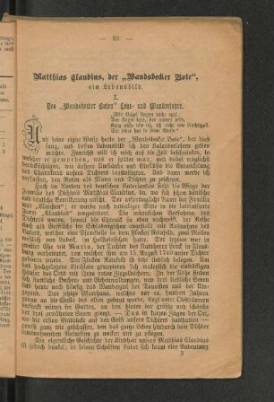 Matthias Claudius, der "Wandsbecker Bote", ein Lebensbild.