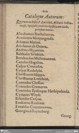 Catalogus Autorum: Quaerum in hisce P. Lotichii, Abbatis Solitarienis, Opusculis, praesertim Epistolarum libello, perigatur mentio