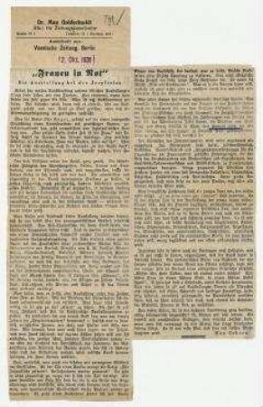 "Frauen in Not". Vossische Zeitung, Berlin. Anbei: Belegzettel des Büros für Zeitungsausschnitte Dr. Max Goldschmidt, gestempelt: "12. Okt. 1931".