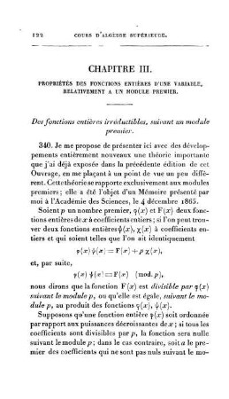 Chapitre III. Propriétés des fonctions entières d´une variable, relativenment a un module premier.