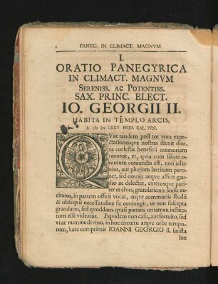 I. Oratio Panegyrica In Climact. Magnum ... Io. Georgii II.