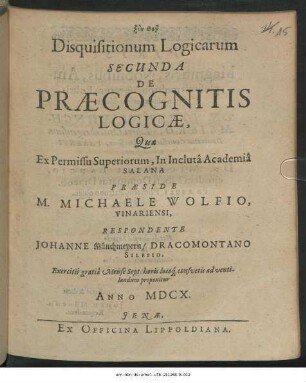 Disquisitionum Logicarum Secunda De Praecognitis Logicae