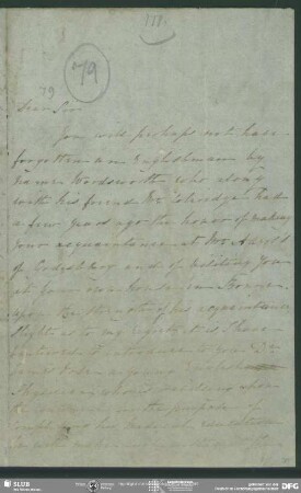 Eigenh. Brief von William Wordsworth an August Wilhelm von Schlegel, Rydel Mount, 02.04.1834
