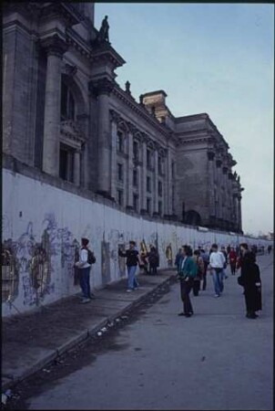 Mauerbesucher entlang der Grenzmauer hinter dem Reichstagsgebäude