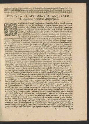 Censura Et Approbatio Facultatis Theologicae in Academia Marpurgensi.