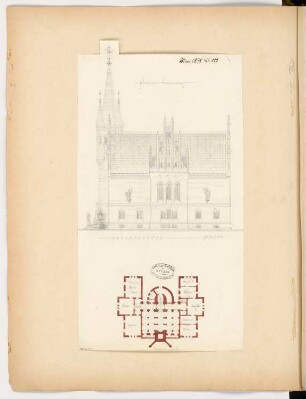 Rathaus Monatskonkurrenz Mai 1878: Grundriss Keller; Aufriss Seitenansicht 1.150; Maßstabsleiste