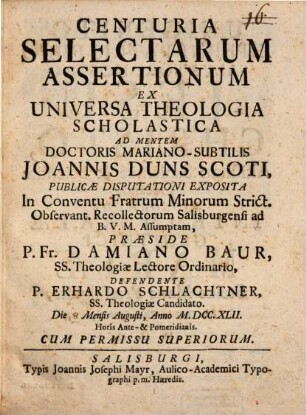 Centuria selectorum assertionum ex universa Theologia scholastica