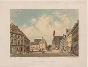 Der Hauptmarkt in Zwickau in Sachsen nach Osten mit dem Gewandhaus (r.) und dem Goldenen Anker (M.)