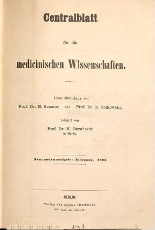 Centralblatt für die medicinischen Wissenschaften, 29. 1891